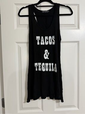 T Party Fashion Black Tank Top with White "Tacos & Tequila" Print